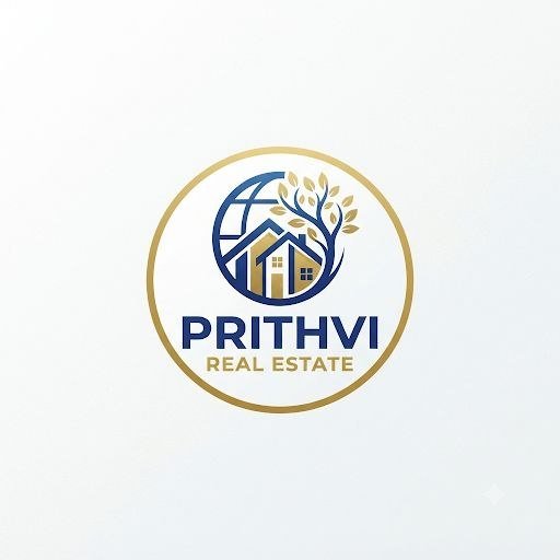 Official Prithvi Real Estate gold and navy blue logo featuring a globe, house, and tree design