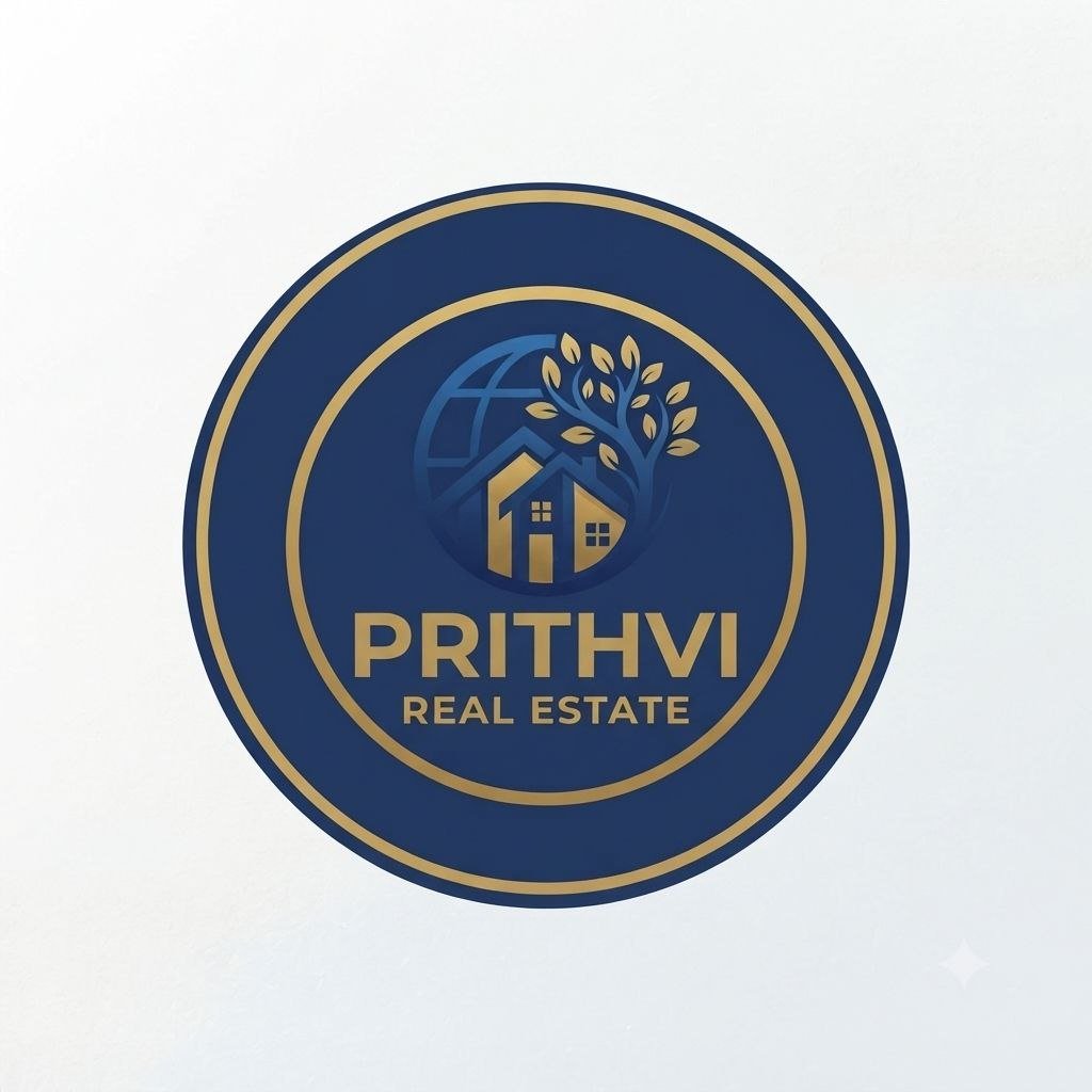 prithvi real estate round site icon featuring a navy blue circular border golden emblem with a globe house and tree design and the brand name pritrhvi real estate